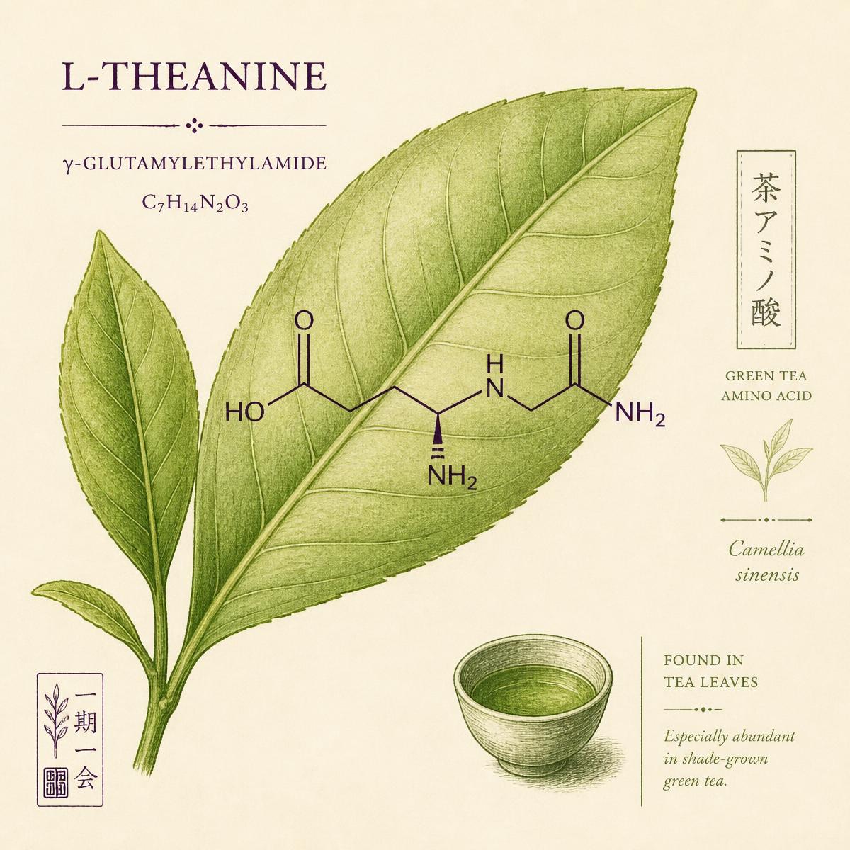 Botanical-scientific illustration of L-theanine, the amino acid in green tea